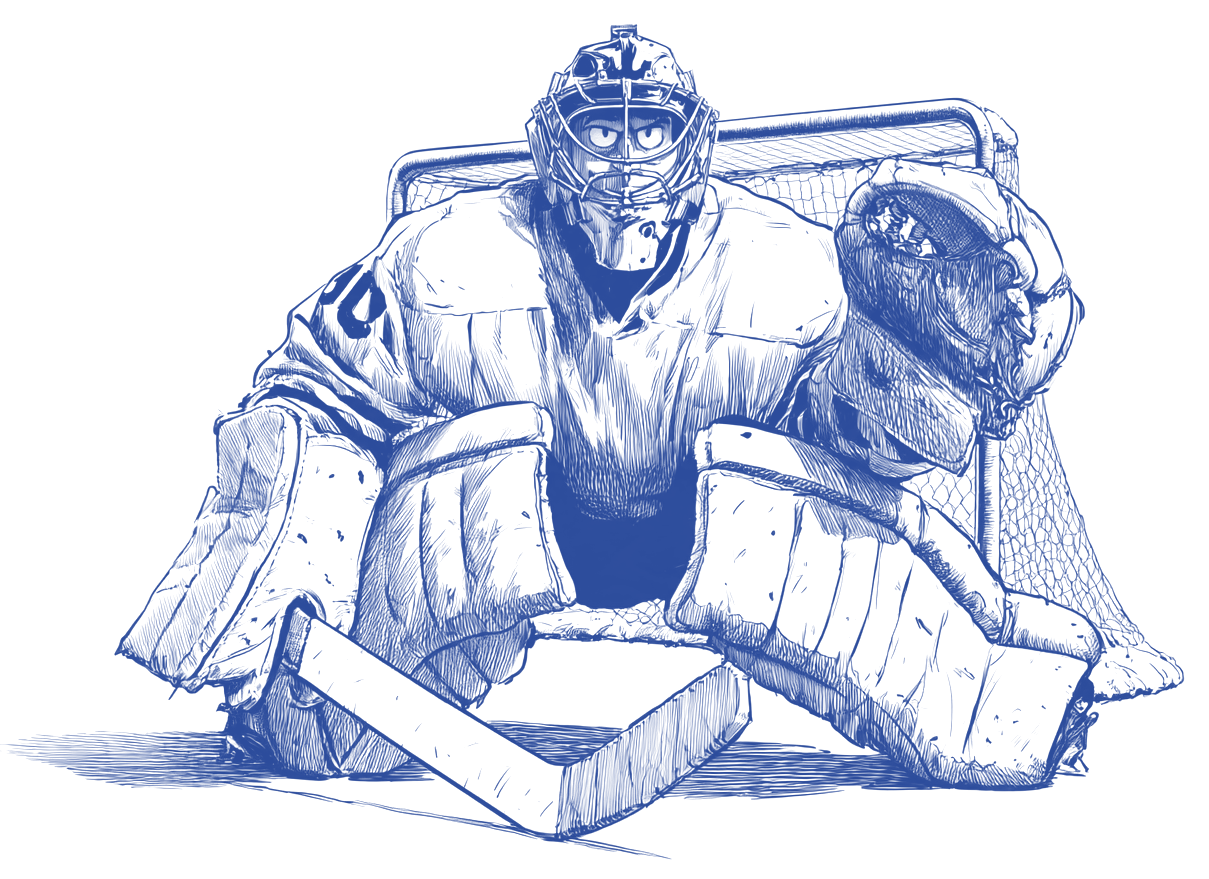 Ink drawing of a goalie crouched in front of the net