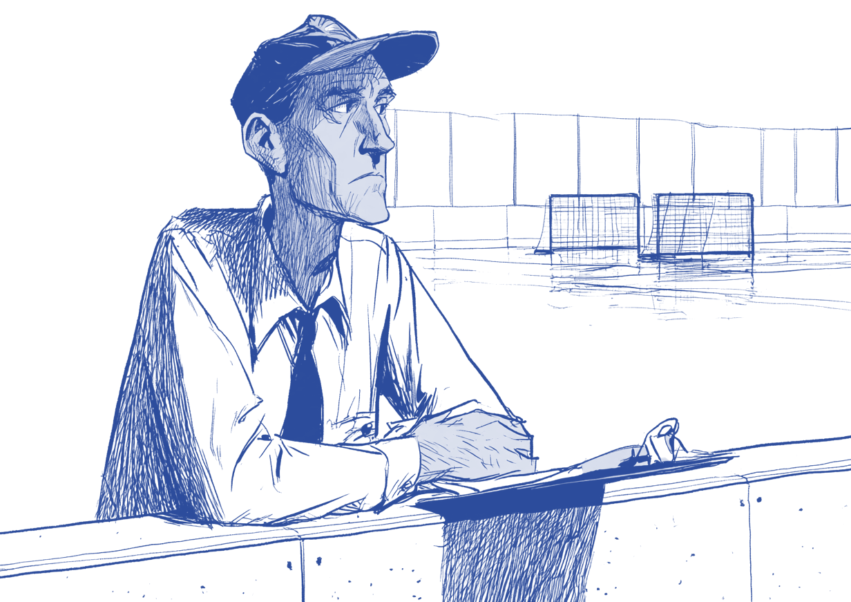 Ink drawing of a rink manager leaning on the boards with a clipboard, watching the ice