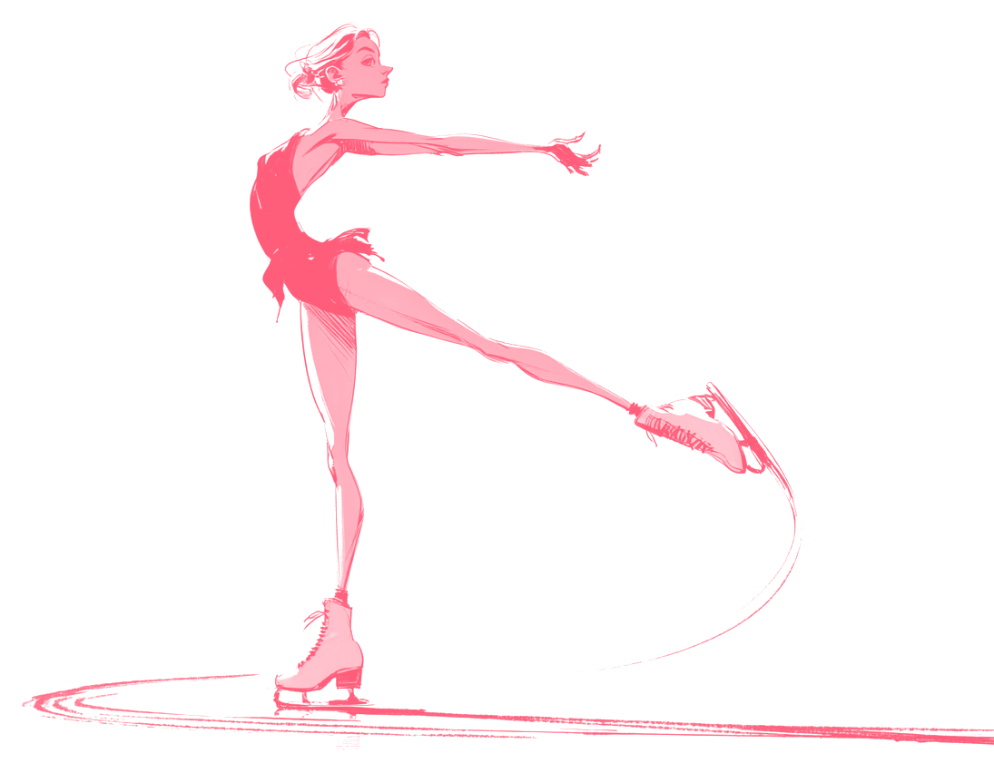 Ink drawing of a figure skater carving a spiral