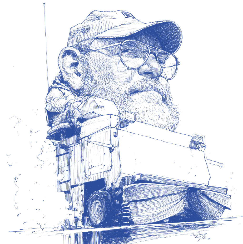 Ink drawing of a bearded Zamboni driver on his machine